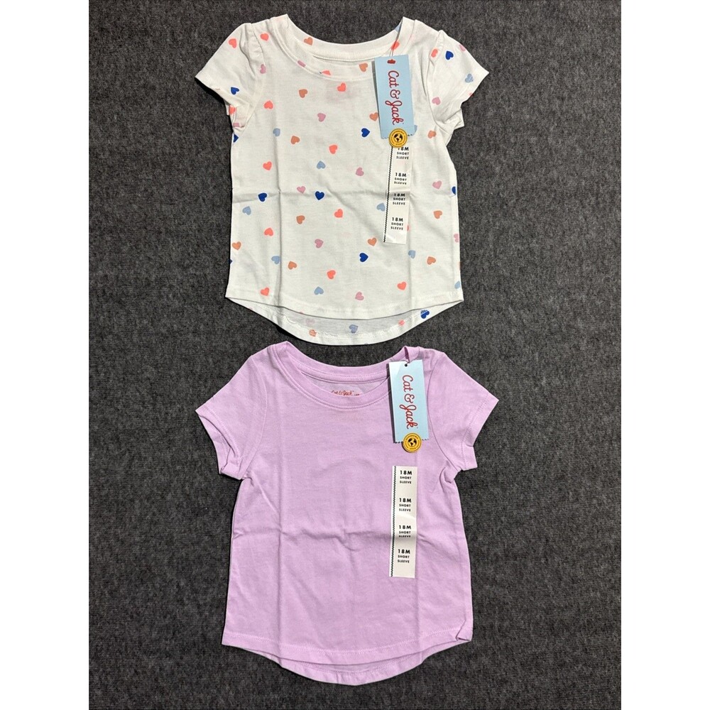 Cat & Jack Girl's Blouse Short Sleeve Heart Print Purple 18 Months